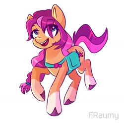 Size: 1323x1323 | Tagged: safe, artist:fraumflug, sunny starscout, earth pony, pony, g5, my little pony: a new generation, bag, female, open mouth, saddle bag, simple background, solo, white background