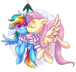 Size: 1466x1391 | Tagged: safe, artist:wicked-red-art, fluttershy, rainbow dash, pegasus, pony, g4, blushing, cheek kiss, christmas, clothes, cute, dashabetes, duo, duo female, eye clipping through hair, eyebrows, eyebrows visible through hair, eyes closed, female, flying, heart, heart eyes, holiday, holly, holly mistaken for mistletoe, kissing, lesbian, mare, one ear down, scarf, shared clothing, shared scarf, ship:flutterdash, shipping, simple background, smiling, snow, snowflake, spread wings, striped scarf, white background, wingding eyes, wings