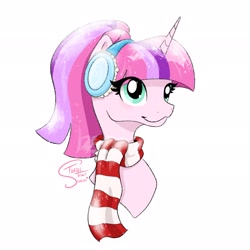 Size: 2048x2048 | Tagged: safe, artist:turtletroutstudios, oc, oc only, pony, unicorn, bust, clothes, earmuffs, female, high res, mare, portrait, scarf, simple background, solo, white background