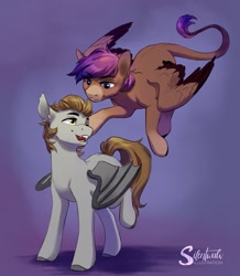 Size: 1717x1971 | Tagged: safe, artist:silentwulv, oc, oc only, oc:devin, oc:evening howler, bat pony, hybrid, pony, bat wings, cute, cute little fangs, fangs, female, flying, gradient background, happy, looking at each other, looking at someone, love, male, mare, oc x oc, patting, purple background, shipping, silentwulv is trying to murder us, simple background, smiling, stallion, straight, sweet dreams fuel, unshorn fetlocks, wholesome, wings