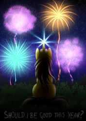 Size: 2894x4093 | Tagged: safe, artist:julunis14, oc, oc only, oc:ayza, pony, unicorn, fireworks, happy new year, happy new year 2022, high res, holiday, horn, lyrics, magic, new years eve, night, solo, text, unicorn oc