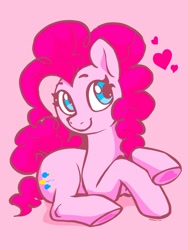 Size: 1536x2048 | Tagged: safe, artist:dimfann, pinkie pie, earth pony, pony, g4, aside glance, cute, diapinkes, female, heart, hoof heart, looking at you, lying down, mare, pink background, ponk, prone, simple background, smiling, solo, turned head