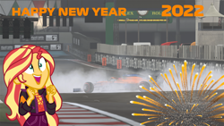 Size: 1920x1080 | Tagged: safe, sunset shimmer, equestria girls, equestria girls series, g4, sunset's backstage pass!, spoiler:eqg series (season 2), burnout, car, excited, f1 2021, f1 car, female, formula 1, game, happy new year, holiday, motorsport, new years eve, race track, racecar, smoke, solom