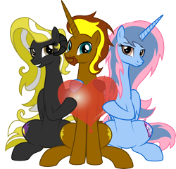 Size: 4004x3856 | Tagged: safe, artist:lightning stripe, derpibooru exclusive, oc, oc only, oc:liliosa, oc:prince cosmic light, oc:princess sorraia, alicorn, original species, pony, 2022 community collab, derpibooru community collaboration, g4, alicorn oc, balloon, beard, black coat, blue coat, blue eyes, both cutie marks, brown coat, brown eyes, commission, curved horns, facial hair, female, grin, heart balloon, horn, hug, male, mare, pink mane, rilacorn, ship:liliolight, ship:sorright, show accurate, simple background, sitting, smiling, stallion, transparent background, trio, two toned mane, vector, wings, yellow mane