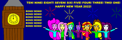 Size: 3032x1000 | Tagged: safe, applejack, fluttershy, pinkie pie, rainbow dash, rarity, sunset shimmer, twilight sparkle, human, equestria girls, g4, 2022, big ben, clock, equestria girls-ified, fireworks, happy new year, holiday, humane five, humane seven, humane six