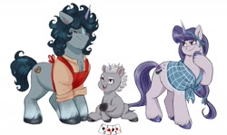 Size: 2218x1319 | Tagged: safe, artist:sallylla, alphabittle blossomforth, oc, oc:mallow mist, oc:mighty spruce, pony, unicorn, g5, my little pony: a new generation, alphabetes, apron, bangs, blaze (coat marking), butt freckles, card, chest fluff, child, chubby, clothes, coat markings, colt, colt alphabittle blossomforth, cute, cutie mark, eyebrows, facial markings, family, father and child, father and son, female, fluffy, foal, freckles, hairband, heart, hoof heart, hooves, lidded eyes, male, mare, messy mane, mother and child, mother and son, parent, raised eyebrow, raised leg, ribbon, scarf, simple background, sitting, smiling, socks (coat markings), stallion, standing, tail, unshorn fetlocks, younger