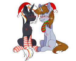 Size: 2560x2048 | Tagged: safe, artist:valkiria, derpibooru exclusive, oc, oc only, oc:littlepip, oc:velvet remedy, pony, unicorn, 2022 community collab, derpibooru community collaboration, fallout equestria, blushing, christmas, clothes, cute, eyes closed, female, grin, hat, high res, holiday, mare, santa hat, scarf, simple background, sitting, smiling, socks, striped socks, transparent background