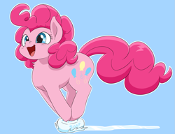 Size: 1277x979 | Tagged: safe, artist:dendollae, pinkie pie, earth pony, pony, g4, blue background, chest fluff, cute, diapinkes, female, mare, open mouth, open smile, outline, pinkie being pinkie, simple background, sliding, smiling, soap, solo, white outline