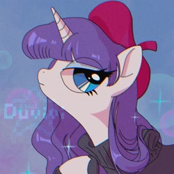 Size: 2000x2000 | Tagged: safe, artist:duvivi, rarity, pony, unicorn, g4, 90s anime, alternate hairstyle, anime, beatnik rarity, beret, clothes, female, hat, high res, mare, profile, solo, style emulation, sweater