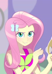 Size: 2894x4093 | Tagged: safe, artist:haibaratomoe, fluttershy, equestria girls, g4, my little pony equestria girls: rainbow rocks, dreamworks face, musical instrument, rainbow rocks outfit, redraw, sleeveless, smugshy, solo, tambourine