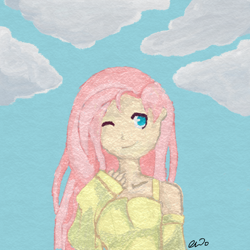 Size: 960x960 | Tagged: safe, artist:colourmyworldrainbow, fluttershy, human, g4, female, humanized, one eye closed, shoulderless, sky background, solo