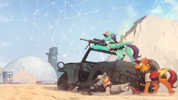 Size: 3556x2000 | Tagged: source needed, safe, artist:nsilverdraws, oc, oc only, oc:castellus, oc:claustrum, oc:counterfort, pegasus, pony, assault rifle, bottomless, bulletproof vest, cap, car, clothes, crossover, day, desert, ear fluff, eyebrows, floppy ears, folded wings, gun, hat, high res, lidded eyes, lying down, magpul, magpul pdr, male, partial nudity, prone, rifle, sand, shirt, sky, sniper, sniper rifle, stallion, trio, trio male, weapon, wings