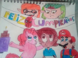 Size: 2560x1920 | Tagged: safe, pinkie pie, earth pony, human, humanoid, inkling, pony, g4, amity blight, cake, crossover, drawing, dyed hair, food, happy birthday, inkling girl, luz noceda (the owl house), male, mario, marvel, spanish, spider-man, splatoon, super mario bros., the owl house, traditional art, witch
