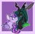Size: 920x886 | Tagged: safe, artist:rockin_candies, queen chrysalis, twilight sparkle, alicorn, changeling, changeling queen, pony, g4, alternate design, blushing, bust, chest fluff, duo, fangs, female, horn, lesbian, looking at each other, looking at someone, purple background, ship:twisalis, shipping, simple background, slit pupils, smiling, twilight sparkle (alicorn), wings