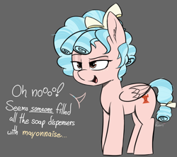 Size: 1880x1672 | Tagged: safe, artist:pinkberry, cozy glow, pegasus, pony, g4, and that's how g5 was made, dialogue, evil, female, filly, foal, gray background, implied mayonnaise, moral event horizon, pure concentrated unfiltered evil of the utmost potency, pure unfiltered evil, simple background, smug, solo, speech, talking, text