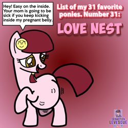 Size: 2000x2000 | Tagged: safe, artist:amelia-bases, artist:mrstheartist, oc, oc only, oc:love nest, earth pony, pony, 2021, belly, blushing, dialogue, female, gradient background, high res, kicking, mare, outline, pregnant, solo, speech bubble