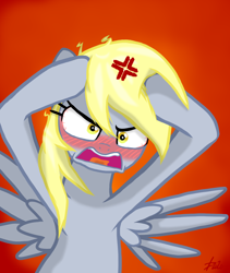 Size: 1228x1457 | Tagged: safe, artist:lennondash, derpy hooves, pegasus, pony, g4, angry, bloodshot eyes, blushing, blushing profusely, cross-popping veins, female, head in hooves, looking at you, mare, open mouth, red background, simple background, solo, spread wings, wings