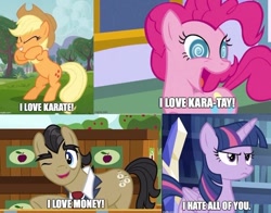 Size: 732x573 | Tagged: safe, edit, edited screencap, screencap, applejack, filthy rich, pinkie pie, twilight sparkle, pony, g4, caption, image macro, karate choppers, out of character, reference, spongebob reference, spongebob squarepants, text