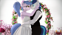 Size: 7680x4320 | Tagged: safe, alternate character, alternate version, artist:loveslove, shining armor, oc, oc:steamy, unicorn, anthro, g4, 3d, canon x oc, clothes, commissioner:steamy, dress, hand on hip, marriage, ponytail, wedding, wedding dress
