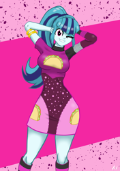 Size: 2462x3507 | Tagged: safe, artist:lennondash, sonata dusk, equestria girls, g4, adorasexy, arm behind head, breasts, busty sonata dusk, cute, female, grin, high res, looking at you, one eye closed, sexy, smiling, smiling at you, solo, sonatabetes, taco dress, wink, winking at you