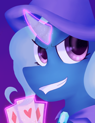 Size: 1595x2077 | Tagged: safe, artist:catbxyalexx, trixie, pony, unicorn, g4, cape, clothes, curved horn, grin, hat, horn, looking at you, magic, playing card, simple background, smiling, trixie's cape, trixie's hat