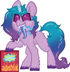 Size: 708x735 | Tagged: safe, artist:nootaz, izzy moonbow, monster pony, pony, unicorn, g5, my little pony: a new generation, blue tongue, cereal, fangs, female, food, grinded pony hooves, mare, monster, simple background, slit pupils, transparent background