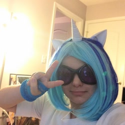 Size: 960x960 | Tagged: safe, dj pon-3, vinyl scratch, human, g4, clothes, cosplay, costume, irl, irl human, peace sign, photo