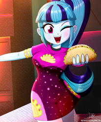 Size: 1784x2163 | Tagged: safe, artist:the-butch-x, sonata dusk, equestria girls, g4, clothes, cute, digital art, female, food, looking at you, minidress, one eye closed, open mouth, open smile, redraw, sharp teeth, smiling, smiling at you, solo, sonatabetes, sonataco, taco, taco dress, teeth, that girl sure loves tacos, that siren sure does love tacos, wink, winking at you