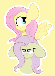 Size: 956x1323 | Tagged: safe, artist:sugarcloud12, fluttershy, pegasus, pony, g4, discorded, duality, ears back, outline, simple background, white outline, yellow background