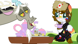 Size: 1775x996 | Tagged: safe, artist:rickysocks, artist:thinnck, discord, oc, draconequus, pegasus, pony, g4, base used, chair, clothes, commissioner:0cuteangel0, duo, eyebrows, eyebrows visible through hair, female, hat, looking at each other, male, mare, open mouth, open smile, pegasus oc, simple background, sitting, smiling, smiling at each other, socks, transparent background, ushanka