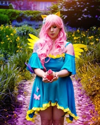 Size: 1080x1350 | Tagged: safe, fluttershy, bird, human, equestria girls, g4, clothes, cosplay, costume, cutie mark, cutie mark on clothes, irl, irl human, photo, toy