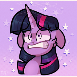 Size: 1400x1400 | Tagged: safe, artist:kimmypalazzo, twilight sparkle, pony, g4, bust, confused, dizzy, ears back, female, gritted teeth, mare, portrait, shrunken pupils, solo, stars