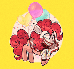 Size: 1933x1800 | Tagged: safe, artist:kimmypalazzo, pinkie pie, earth pony, pony, g4, balloon, clown, creepy, creepy smile, female, mare, simple background, smiling, solo, yellow background