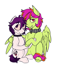Size: 3000x4000 | Tagged: safe, artist:toanderic, oc, oc only, oc:frame gravity, oc:the doll, original species, pegasus, plush pony, pony, 2022 community collab, derpibooru community collaboration, collar, freckles, grin, high res, hoof hold, hug, hugging a pony, looking at you, pegasus oc, plushie, simple background, sitting, smiling, stitches, teeth, transparent background, winghug, wings