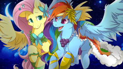 Size: 1600x900 | Tagged: safe, artist:mr-tiaa, edit, fluttershy, rainbow dash, pegasus, pony, g4, the best night ever, 16:9, clothes, dress, duo, female, flower, flower in hair, flying, gala dress, mare, moon, night, night sky, open mouth, side by side, sky, smiling, spread wings, starry sky, stars, wallpaper, wallpaper edit, wings