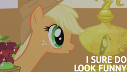 Size: 1280x720 | Tagged: safe, edit, edited screencap, editor:quoterific, screencap, applejack, earth pony, pony, applebuck season, g4, season 1, apple, applejack's hat, cowboy hat, female, food, hat, mare, ponyville town hall, solo, trophy