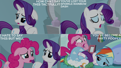 Size: 1280x720 | Tagged: safe, edit, edited screencap, editor:quoterific, screencap, pinkie pie, rainbow dash, rarity, tank, earth pony, pegasus, pony, tortoise, unicorn, g4, season 5, tanks for the memories, bed, blanket, ears back, eyes closed, female, male, mare, open mouth, pillow, sad