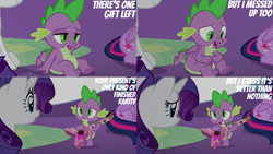 Size: 1280x720 | Tagged: safe, edit, edited screencap, editor:quoterific, screencap, rarity, spike, twilight sparkle, alicorn, dragon, pony, unicorn, g4, my little pony best gift ever, female, male, mare, offscreen character, open mouth, twilight sparkle (alicorn), twilight's castle, winged spike, wings