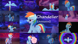 Size: 1280x721 | Tagged: safe, artist:thesamstudio, editor:quoterific, rainbow dash, pegasus, pony, g4, butt, chandelier, chandelier (song), eyes closed, female, flying, mare, nose in the air, open mouth, open smile, plot, rainbow, rainbow trail, rainbutt dash, smiling, solo, spread wings, tree, wings