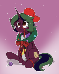 Size: 1744x2208 | Tagged: safe, alternate character, alternate version, artist:rokosmith26, oc, oc only, oc:acti nerdington, pony, unicorn, bow, cheek fluff, christmas, christmas stocking, christmas wreath, clothes, commission, female, floppy ears, gradient background, holiday, horn, looking up, mare, one ear down, raised hoof, ribbon, scarf, simple background, sitting, smiling, solo, striped scarf, sweat, sweatdrop, tail, tongue out, unicorn horn, unicorn oc, wreath, ych result