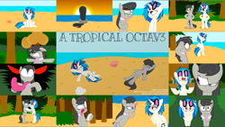 Size: 4358x2450 | Tagged: safe, artist:animatedjames, editor:quoterific, dj pon-3, octavia melody, vinyl scratch, earth pony, pony, unicorn, a tropical octav3, g4, beach, bipedal, eyes closed, female, floppy ears, grin, lying down, mare, on back, open mouth, open smile, smiling