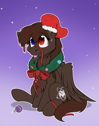 Size: 1744x2208 | Tagged: safe, alternate character, alternate version, artist:rokosmith26, oc, oc only, oc:joypad, pegasus, pony, bow, cheek fluff, chest fluff, christmas, christmas stocking, christmas wreath, commission, female, floppy ears, gradient background, heterochromia, holiday, looking up, mare, one ear down, pegasus oc, pegasus wings, raised hoof, ribbon, simple background, sitting, smiling, solo, sweat, sweatdrop, tail, tongue out, wings, wreath, ych result