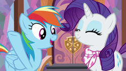 Size: 1920x1080 | Tagged: safe, screencap, rainbow dash, rarity, pegasus, pony, unicorn, g4, season 8, the end in friend, duo, eyes closed, female, mare, neckerchief, open mouth, smiling