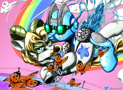 Size: 3000x2200 | Tagged: safe, artist:ktk's sky, butterfly, earth pony, pony, angry, anime, clothes, cloud, dropping, female, high res, jojo, jojo's bizarre adventure, jolyne cujoh, mare, ponified, rainbow, stand, stone free, stone ocean