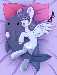 Size: 1560x2048 | Tagged: safe, artist:cloud-fly, oc, oc only, oc:moon dust, pegasus, pony, shark, bed, blåhaj, commission, drool, eyebrows, eyebrows visible through hair, female, mare, pegasus oc, pillow, plushie, shark plushie, sleeping, solo, spread wings, underhoof, ych result