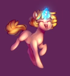 Size: 1248x1352 | Tagged: safe, artist:aylufujo, oc, oc only, pony, unicorn, eyes closed, glowing, glowing horn, horn, purple background, simple background, smiling, solo, unicorn oc
