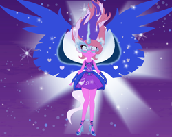 Size: 968x776 | Tagged: safe, artist:gihhbloonde, oc, oc only, oc:music melody, equestria girls, g4, base used, clothes, female, flying, high heels, midnight-ified, night, shoes, skirt, solo, spread wings, stars, wings