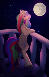 Size: 918x1432 | Tagged: safe, artist:mirtalimeburst, oc, oc only, earth pony, pony, earth pony oc, full moon, mare in the moon, moon, multicolored hair, night, rainbow hair, solo, stars