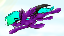 Size: 3362x1879 | Tagged: safe, artist:beamybutt, oc, oc only, oc:neon lights, pegasus, pony, colored wings, ear fluff, flying, pegasus oc, simple background, starry wings, transparent background, two toned wings, wings