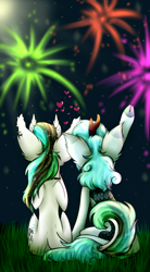 Size: 2561x4628 | Tagged: safe, artist:beamybutt, oc, oc only, earth pony, kirin, pony, ear fluff, earth pony oc, eyelashes, female, fireworks, kirin oc, looking up, mare, outdoors